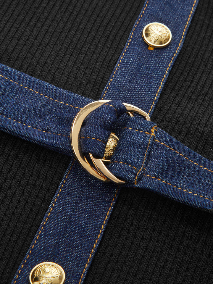 Valantomode | Chic Ribbed Knit Mini Dress with Denim Panel & Belt