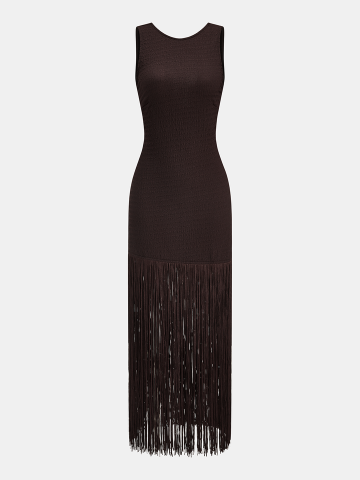 Valantomode | Backless Sleeveless Fringe Midi Dress for Chic Elegance