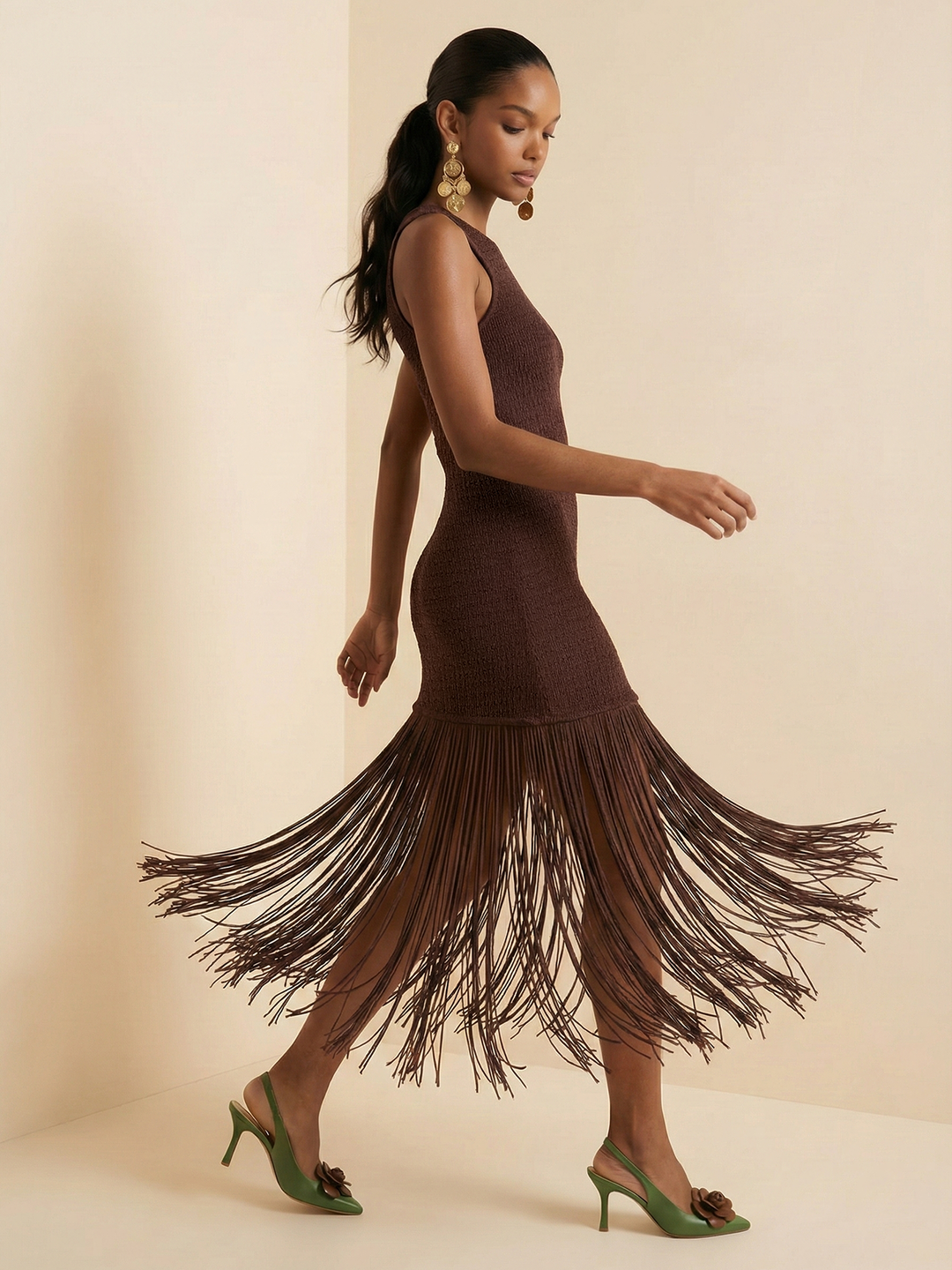 Valantomode | Backless Sleeveless Fringe Midi Dress for Chic Elegance