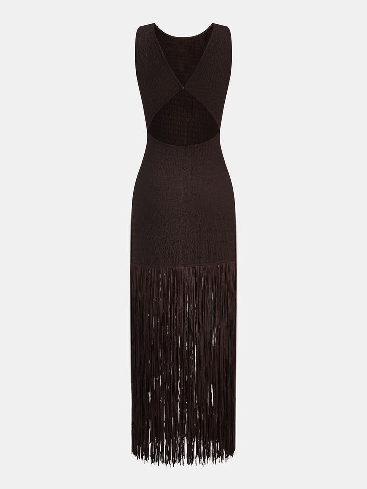 Valantomode | Backless Sleeveless Fringe Midi Dress for Chic Elegance