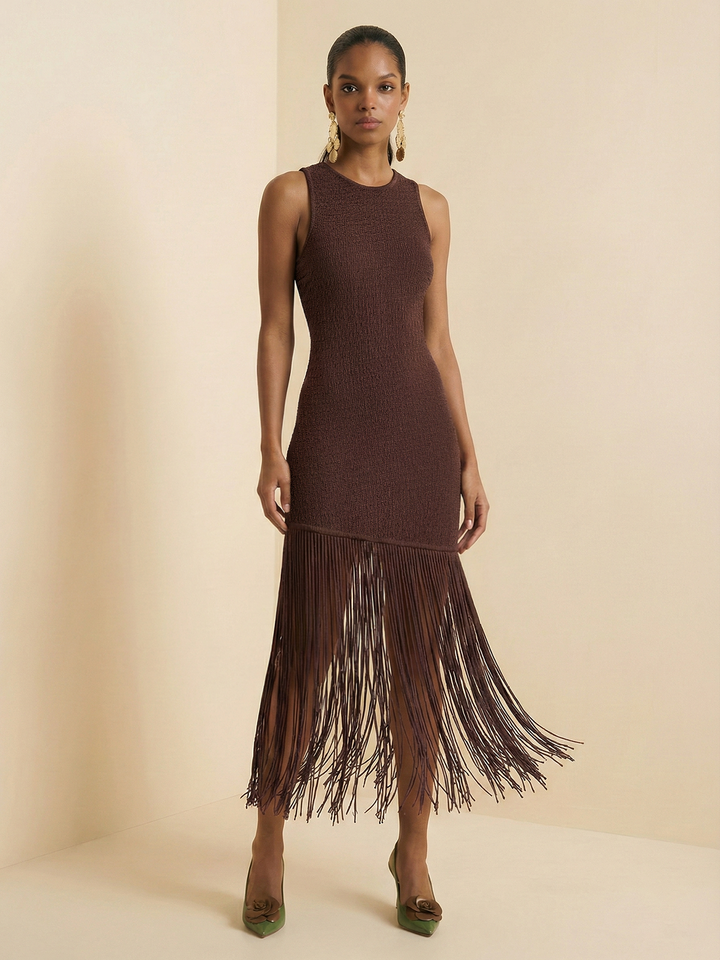Valantomode | Backless Sleeveless Fringe Midi Dress for Chic Elegance