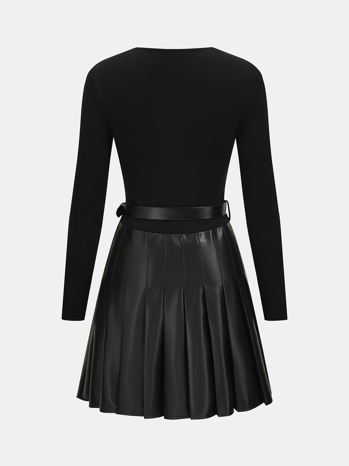 Valantomode | Asymmetric Ruched Mini Dress with Pleated Faux Leather Panel