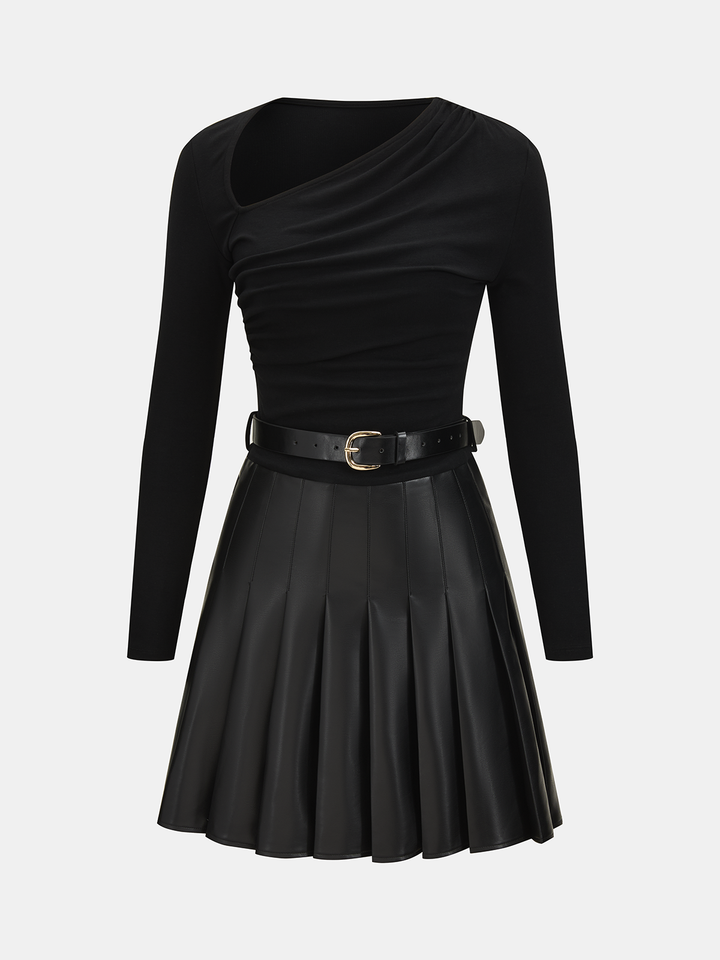Valantomode | Asymmetric Ruched Mini Dress with Pleated Faux Leather Panel