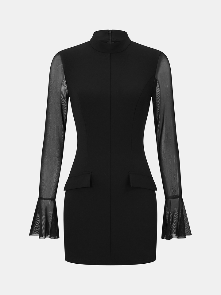 Valantomode | Sheer Sleeve Flared Cuff Mini Dress for Effortless Elegance