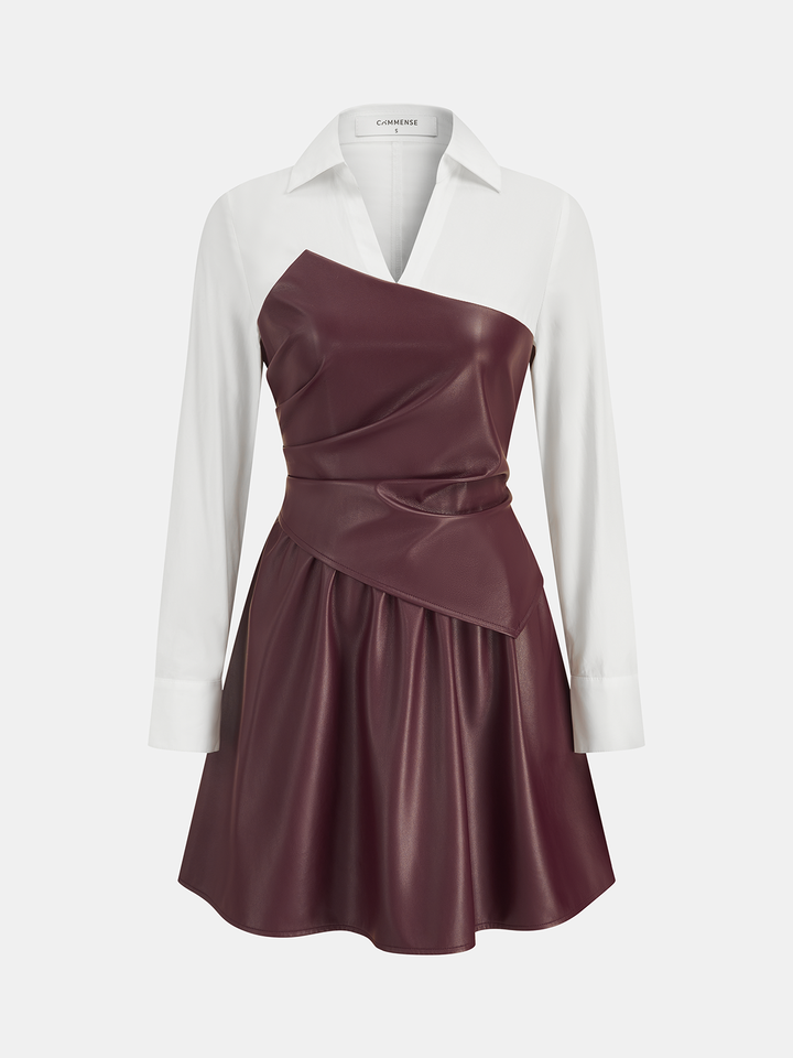 Valantomode | Asymmetric Faux Leather & Shirt Panel Dress