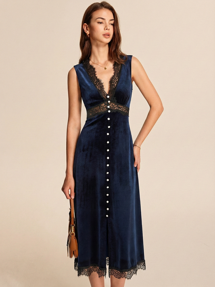 Valantomode | Elegant V-Neck Velvet Midi Dress with Lace Detail