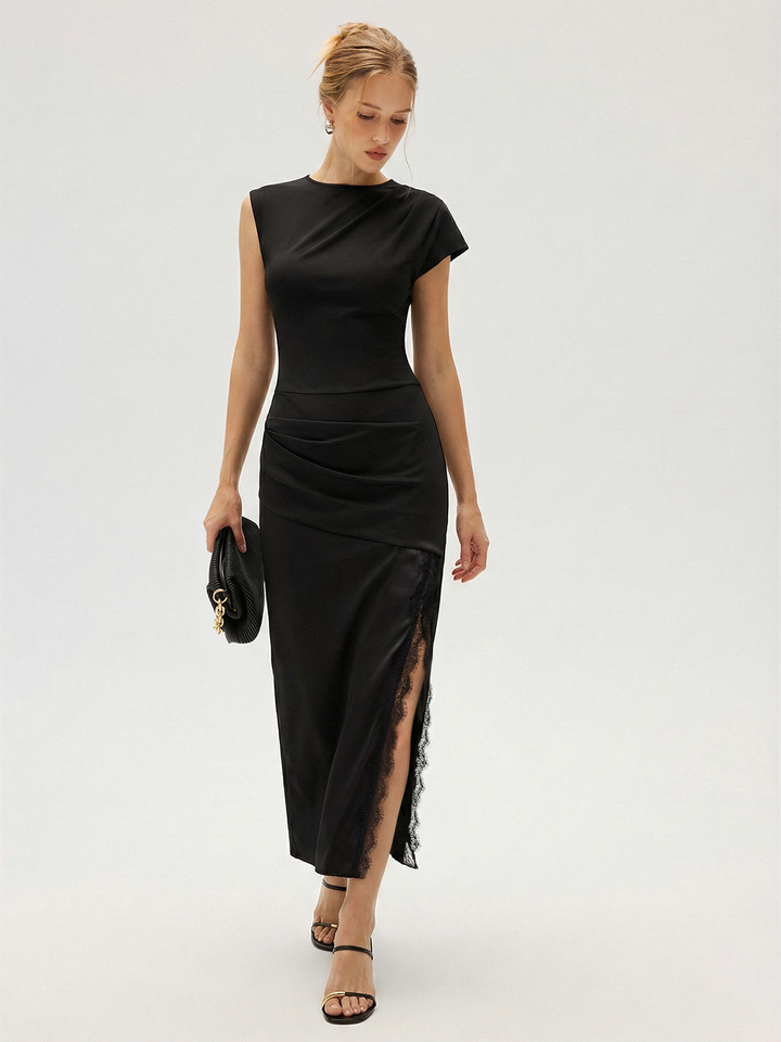 Valantomode | Elegant Satin Midi Dress with Lace Trim and Ruched Slit