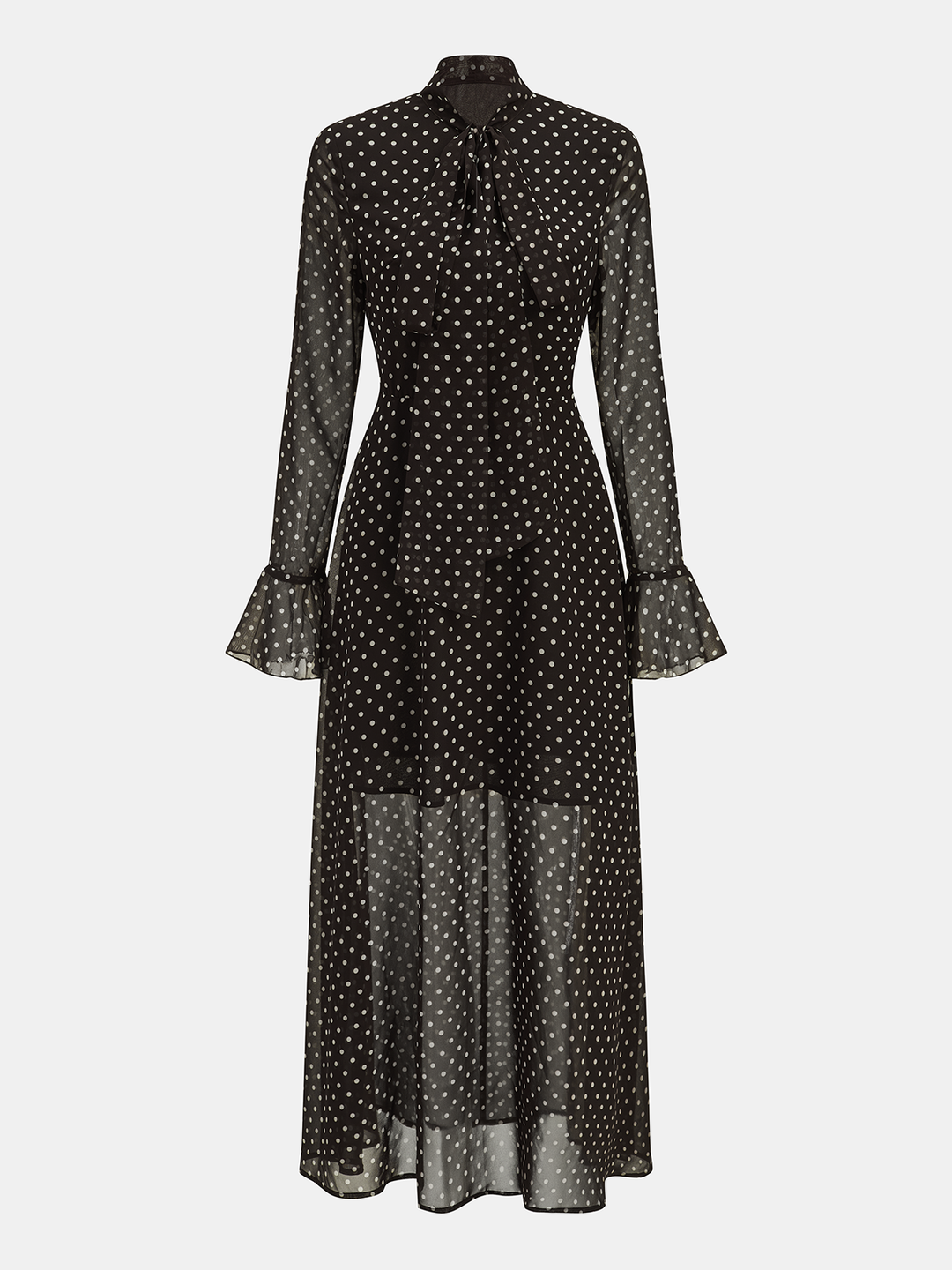 Valantomode | Chic Polka Dot Maxi Dress with Tie-Neck and Flared Cuffs