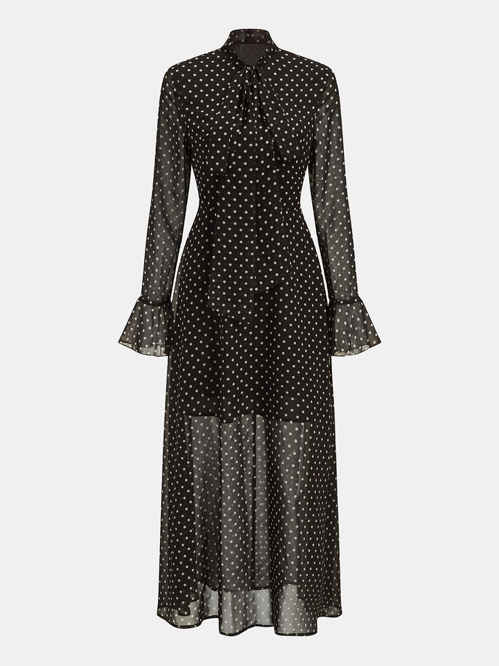Valantomode | Chic Polka Dot Maxi Dress with Tie-Neck and Flared Cuffs