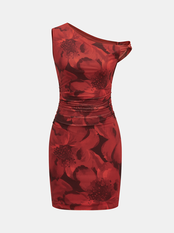 Valantomode | Chic Floral One-Shoulder Ruched Bodycon Dress