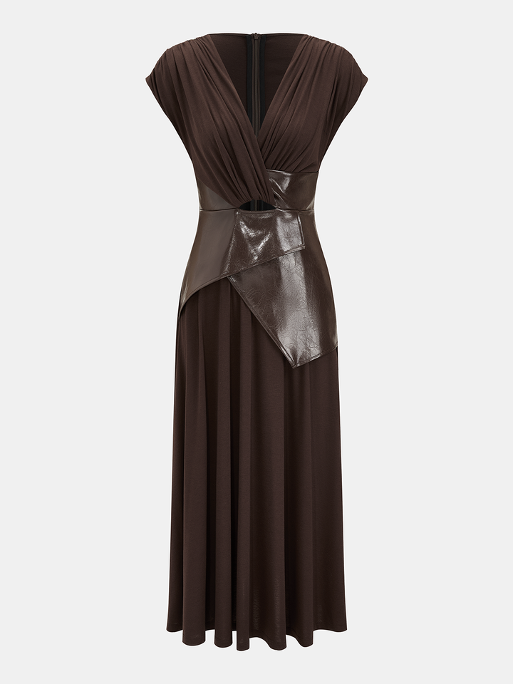 Valantomode | Chic Ruched Sleeveless Midi Dress with Faux Leather Panels