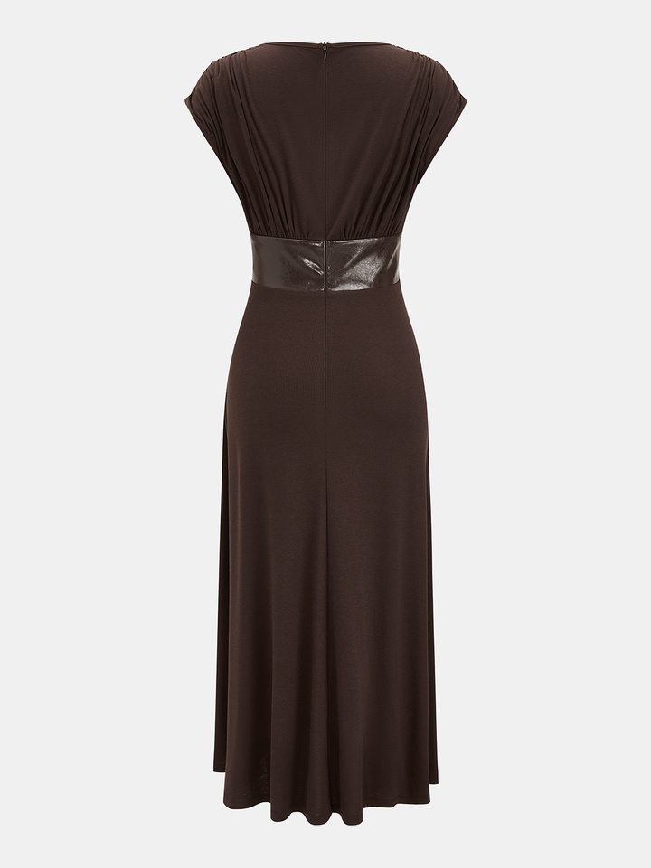 Valantomode | Chic Ruched Sleeveless Midi Dress with Faux Leather Panels