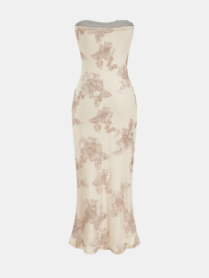 Valantomode | Elegant Strapless Floral Mermaid Dress with Applique Details