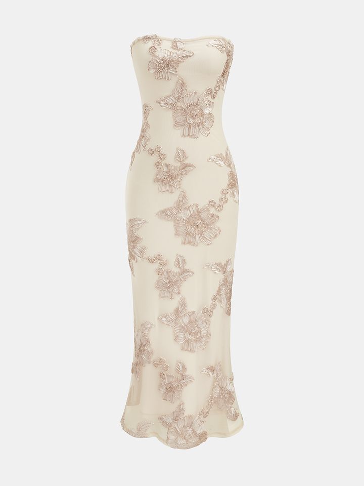 Valantomode | Elegant Strapless Floral Mermaid Dress with Applique Details