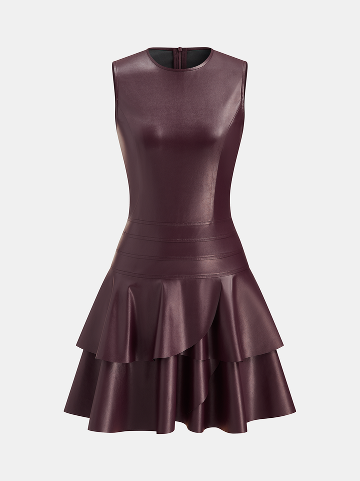 Valantomode | Chic Sleeveless Faux Leather Ruffle Mini Dress
