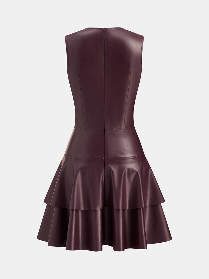 Valantomode | Chic Sleeveless Faux Leather Ruffle Mini Dress