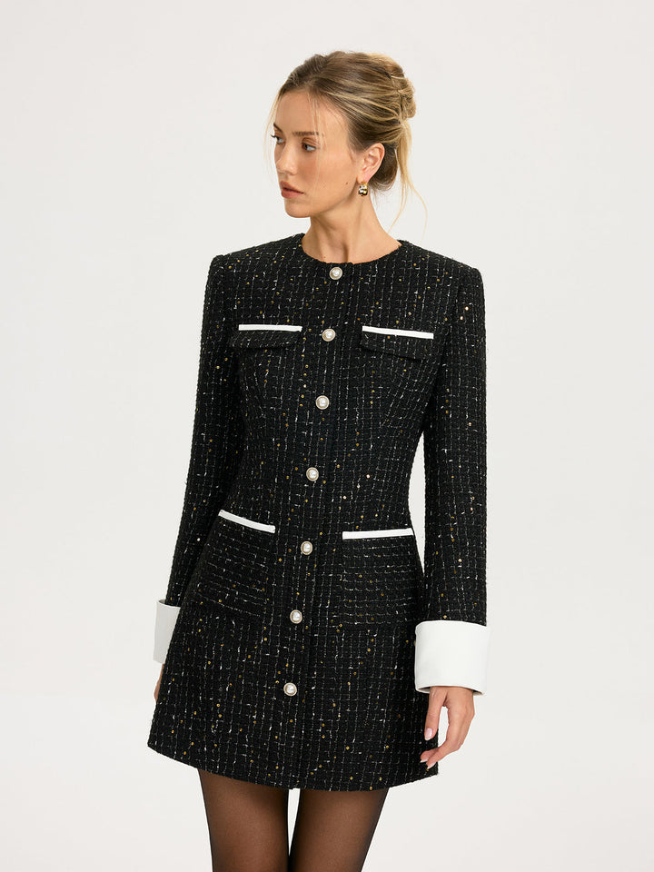 Valantomode | Chic Contrast Cuff Tweed Mini Dress for Stylish Elegance