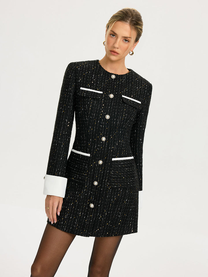 Valantomode | Chic Contrast Cuff Tweed Mini Dress for Stylish Elegance