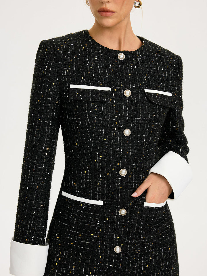 Valantomode | Chic Contrast Cuff Tweed Mini Dress for Stylish Elegance