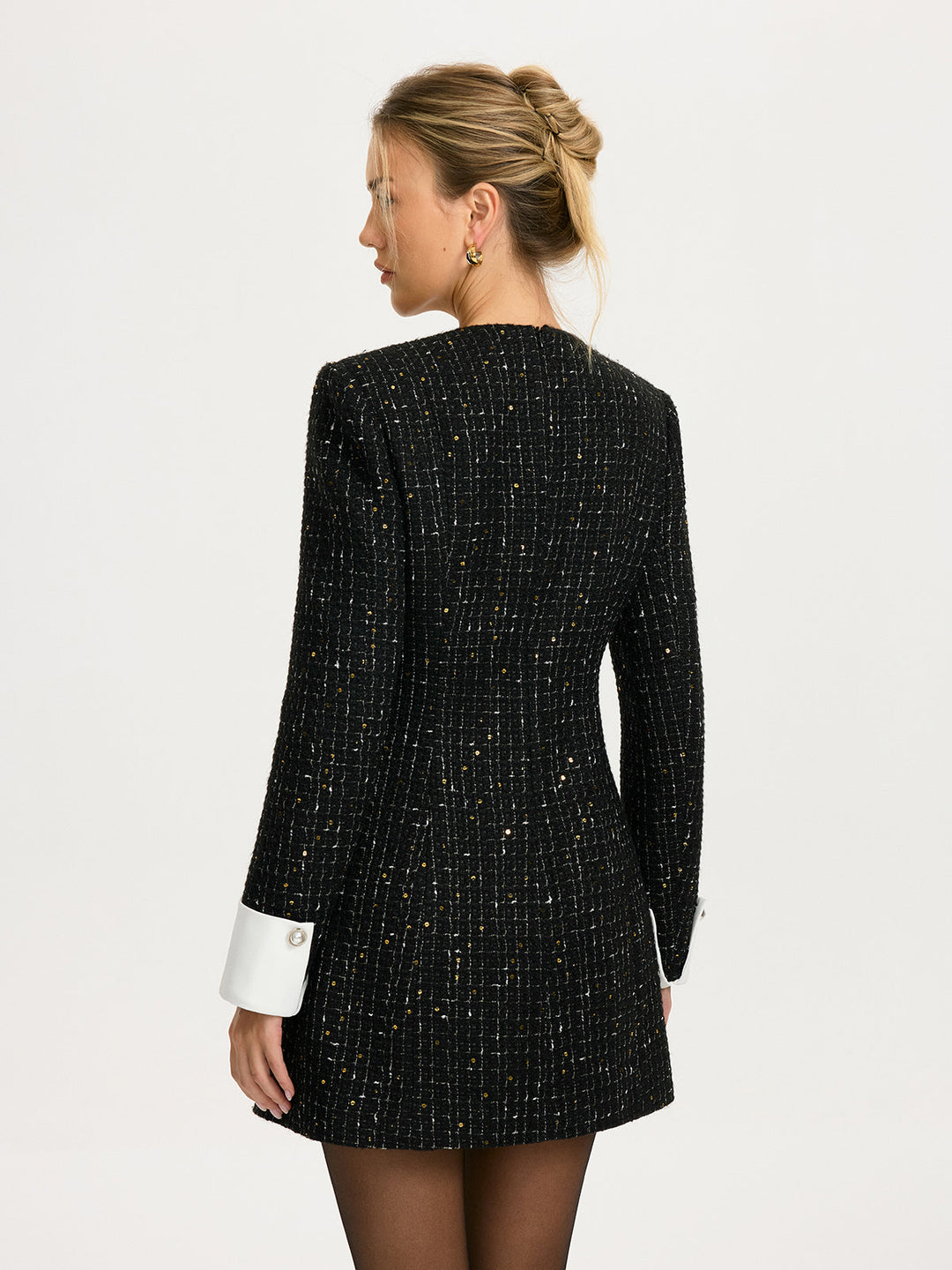 Valantomode | Chic Contrast Cuff Tweed Mini Dress for Stylish Elegance