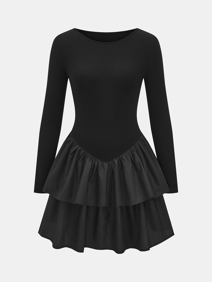 Valantomode | Fitted Long-Sleeve Dress with Tiered Ruffle Hem