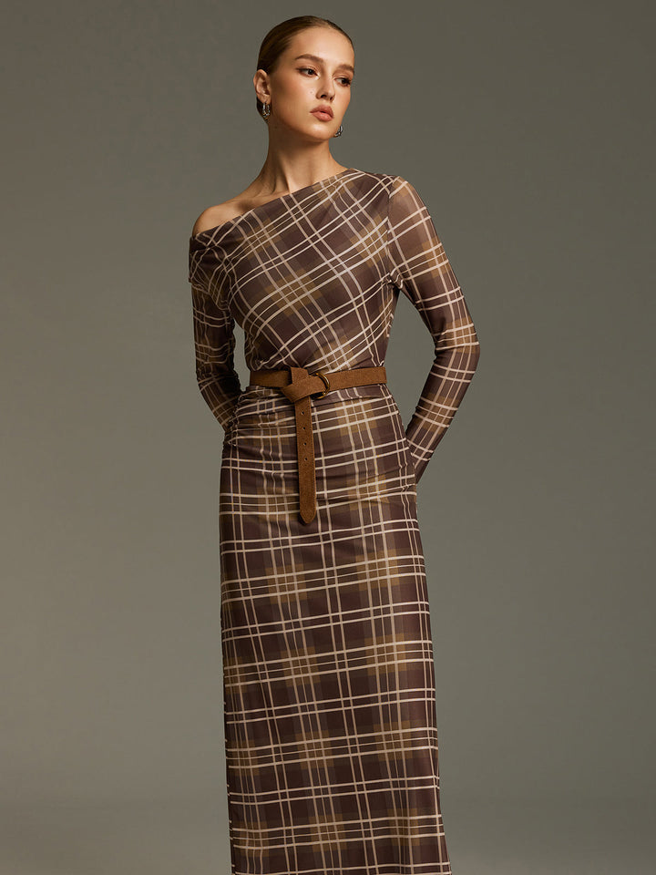 Valantomode | Off-Shoulder Plaid Mesh Maxi Dress - No Belt Needed