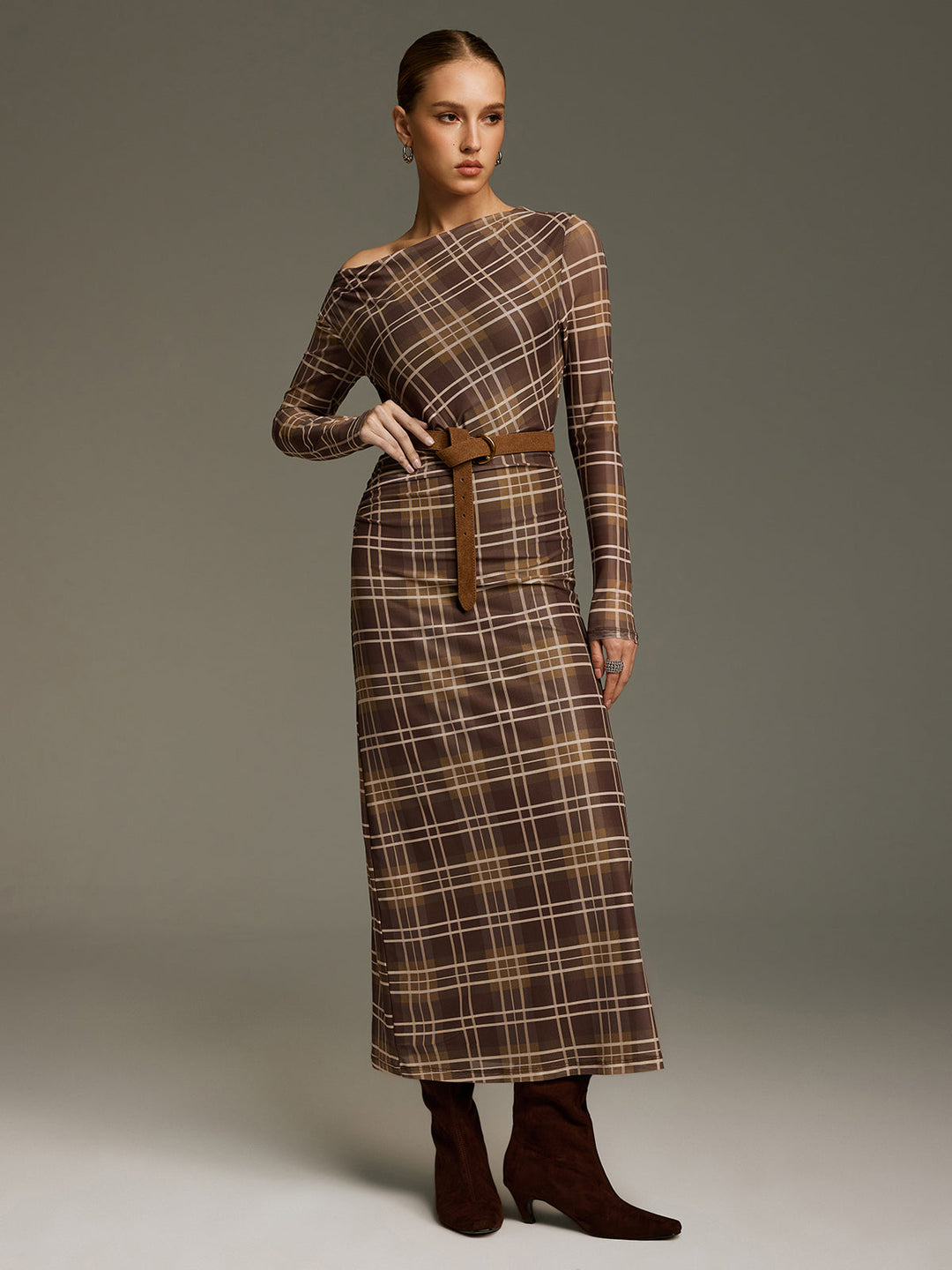 Valantomode | Off-Shoulder Plaid Mesh Maxi Dress - No Belt Needed