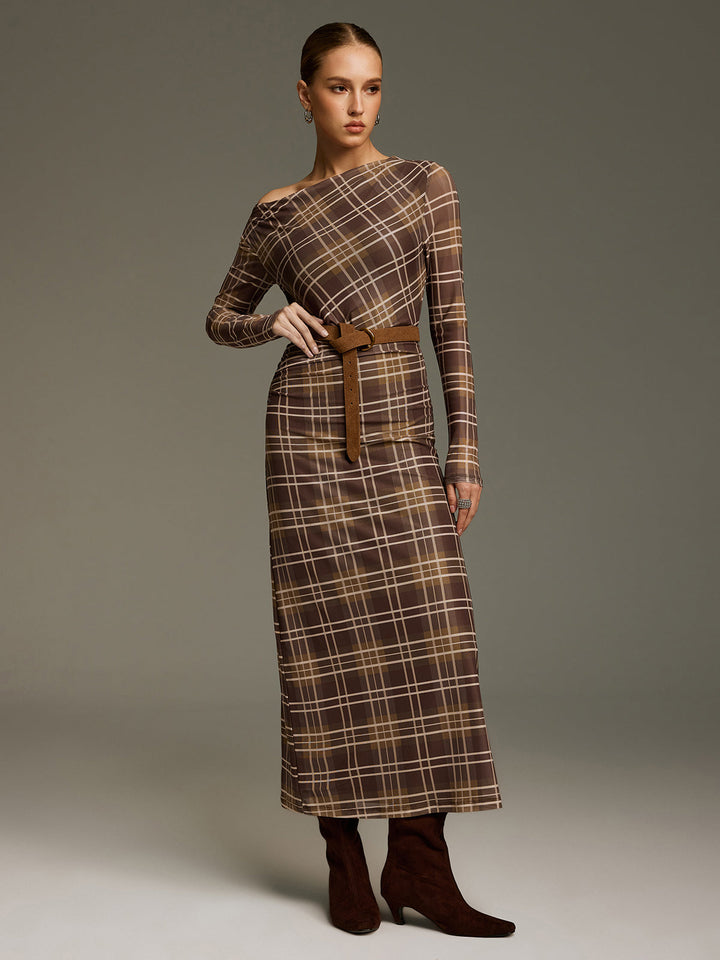 Valantomode | Off-Shoulder Plaid Mesh Maxi Dress - No Belt Needed