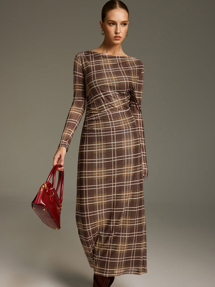Valantomode | Off-Shoulder Plaid Mesh Maxi Dress - No Belt Needed