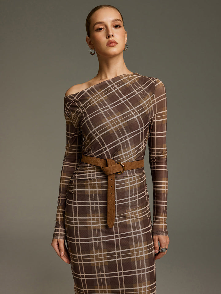 Valantomode | Off-Shoulder Plaid Mesh Maxi Dress - No Belt Needed