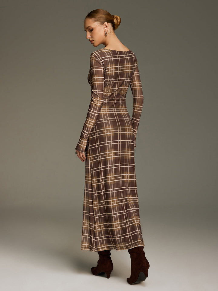 Valantomode | Off-Shoulder Plaid Mesh Maxi Dress - No Belt Needed
