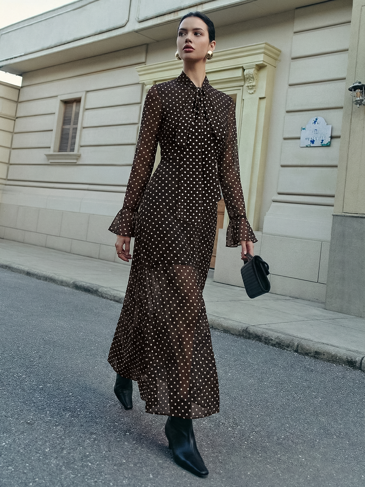 Valantomode | Chic Polka Dot Maxi Dress with Tie-Neck and Flared Cuffs