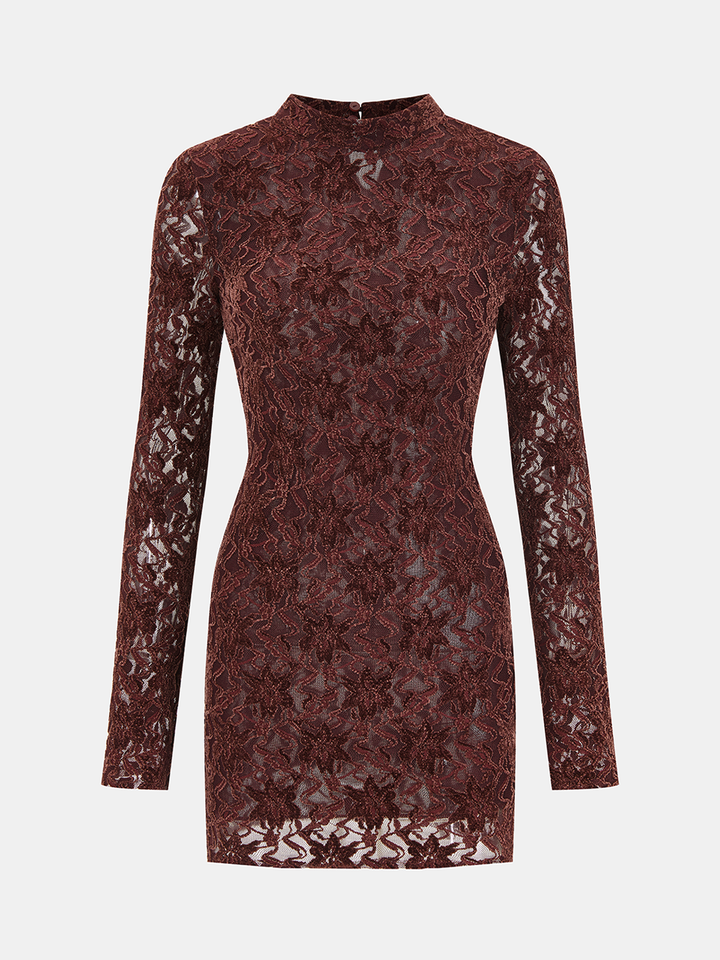 Valantomode | Elegant Lace-Jacquard Long-Sleeve Mini Dress