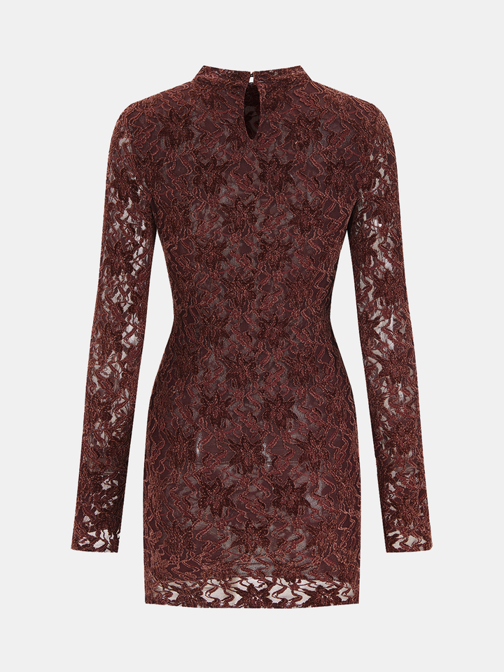 Valantomode | Elegant Lace-Jacquard Long-Sleeve Mini Dress
