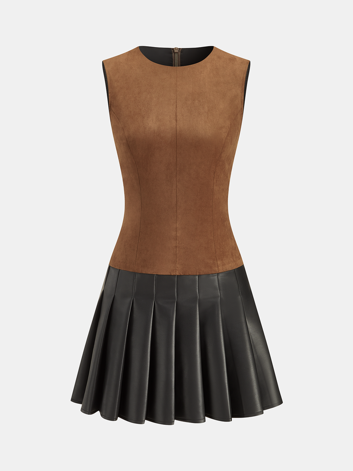 Valantomode | Chic Pleated Faux Leather Sleeveless Suede Dress