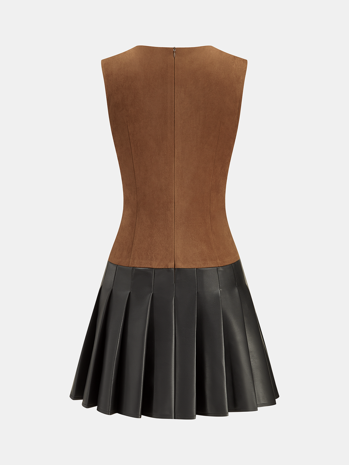 Valantomode | Chic Pleated Faux Leather Sleeveless Suede Dress