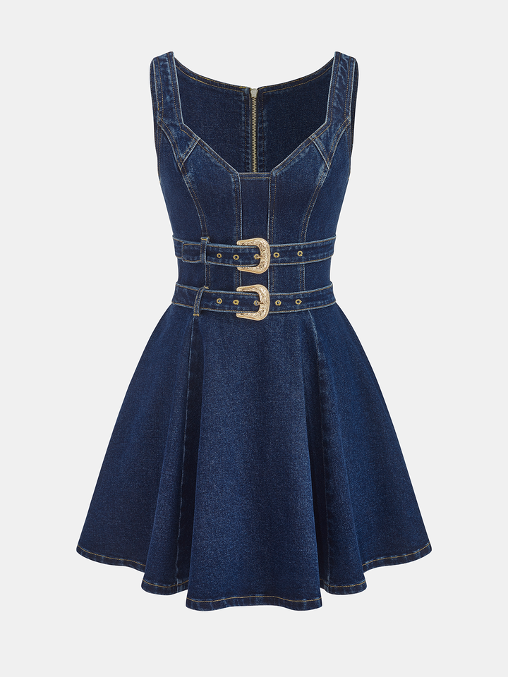 Valantomode | Chic Denim Double-Buckle Mini Dress for Effortless Style