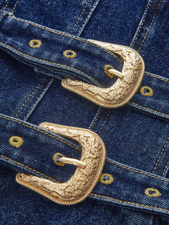 Valantomode | Chic Denim Double-Buckle Mini Dress for Effortless Style