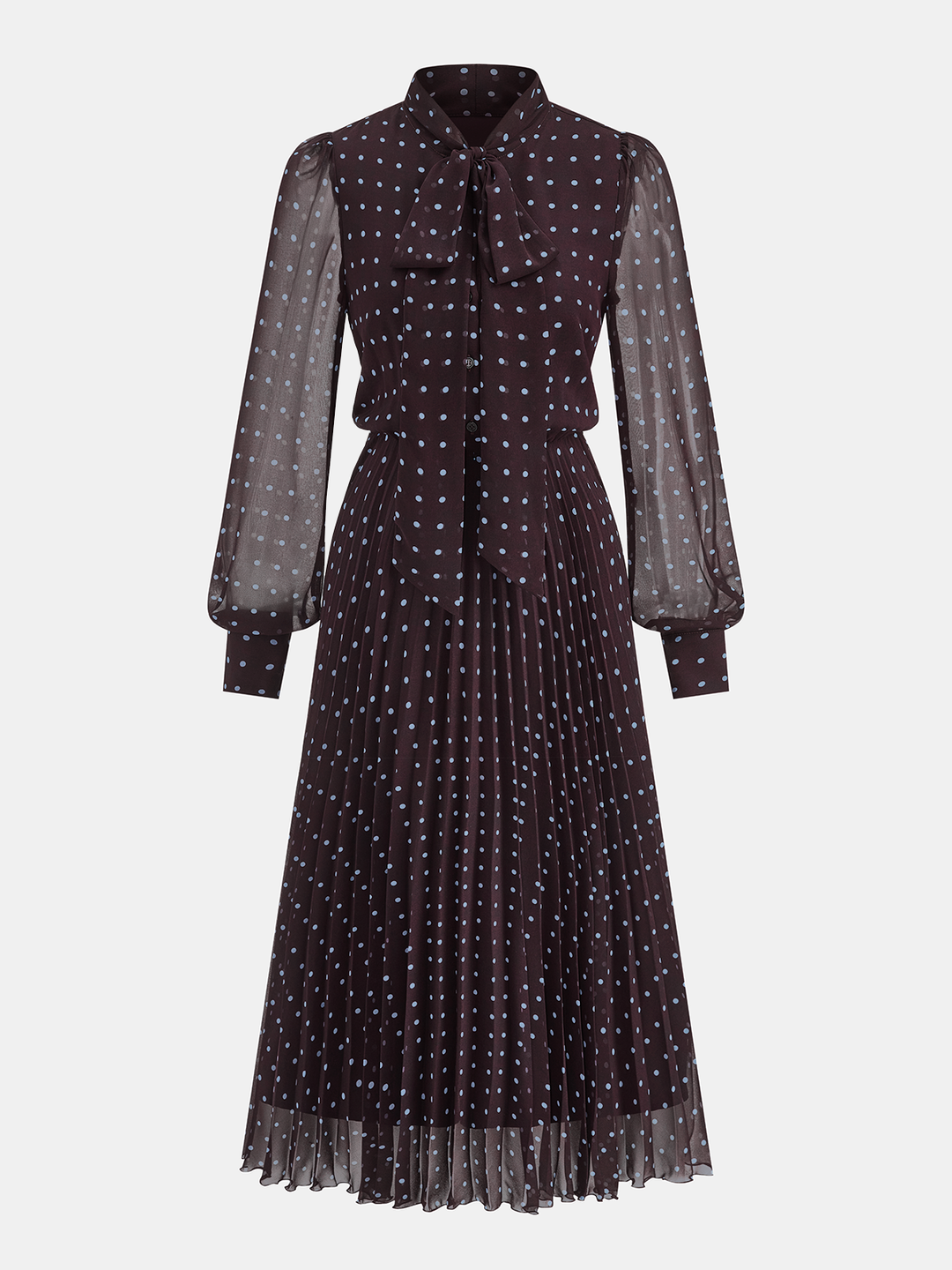 Valantomode | Chic Polka Dot Chiffon Maxi Dress with Tie-Neck Detail