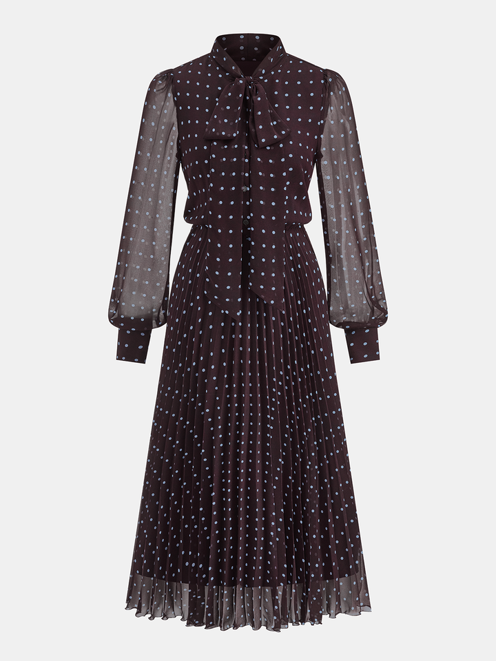 Valantomode | Chic Polka Dot Chiffon Maxi Dress with Tie-Neck Detail