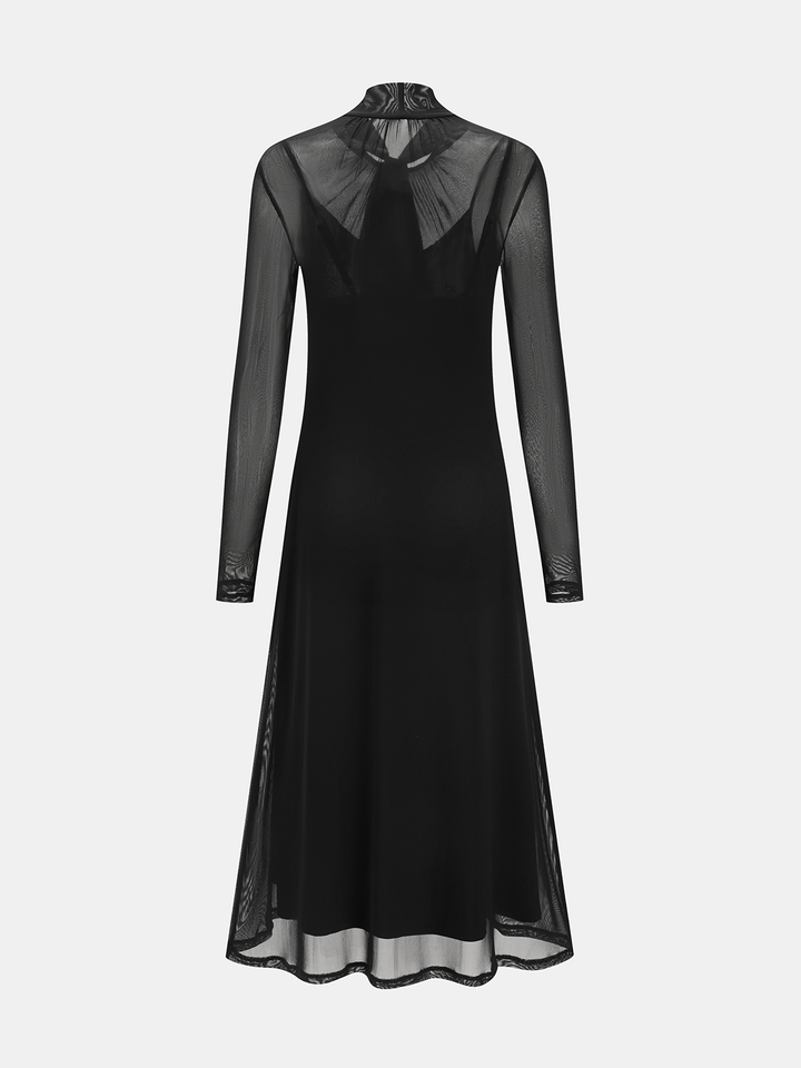 Valantomode | Elegant Semi-Sheer Mesh Maxi Dress with Tie Neck