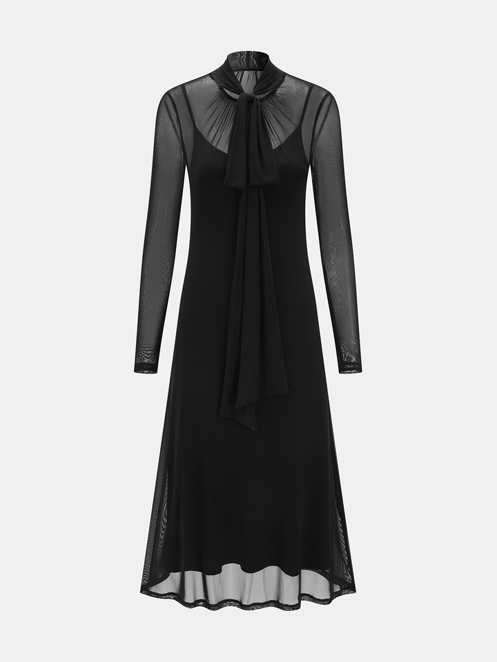 Valantomode | Elegant Semi-Sheer Mesh Maxi Dress with Tie Neck
