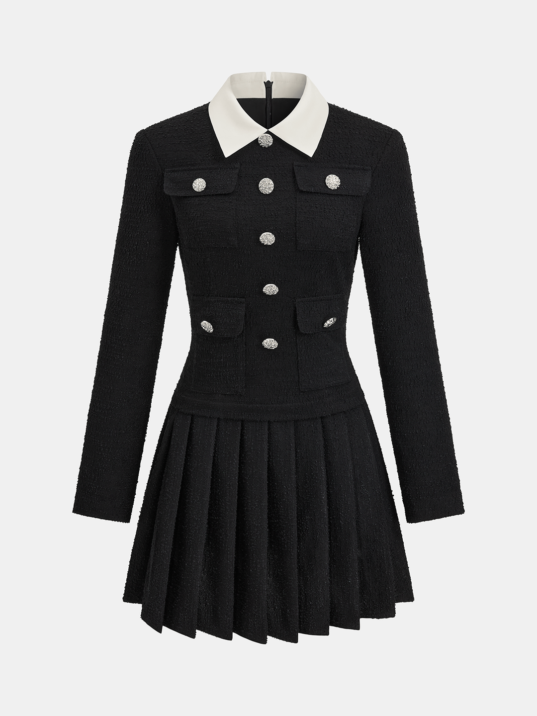 Valantomode | Chic Pleated Mini Dress with Contrast Collar