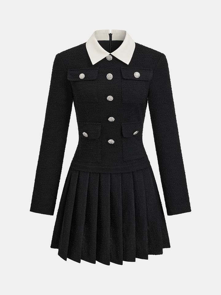 Valantomode | Chic Pleated Mini Dress with Contrast Collar