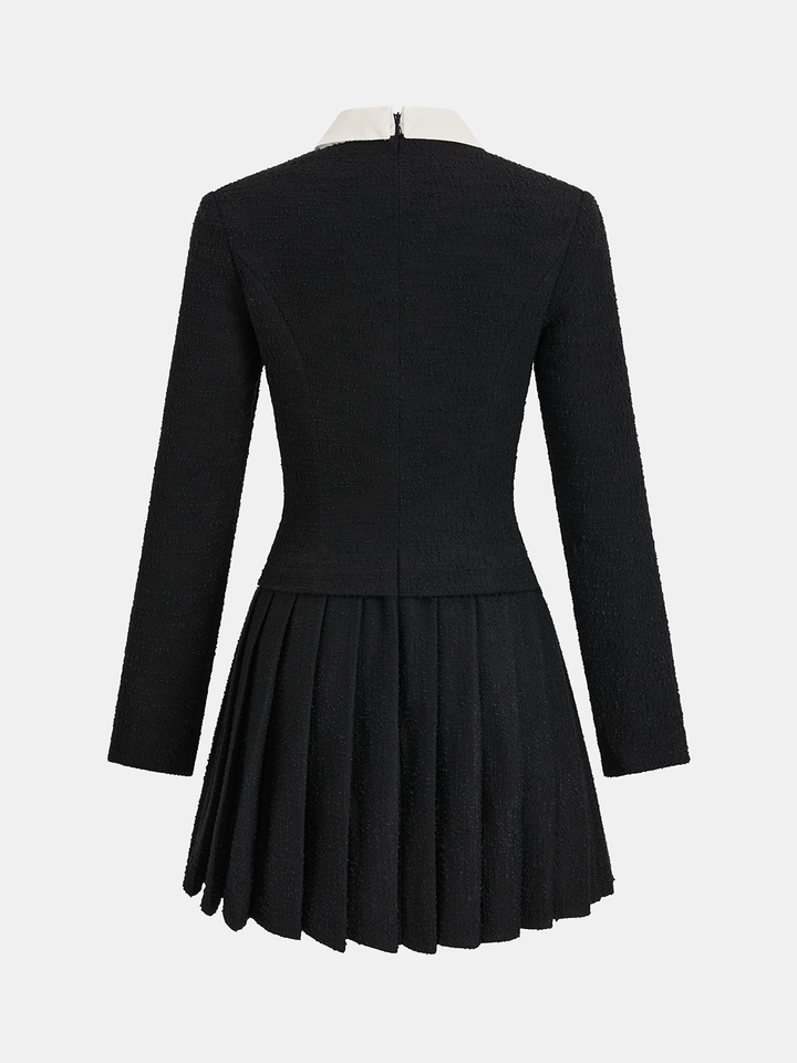 Valantomode | Chic Pleated Mini Dress with Contrast Collar