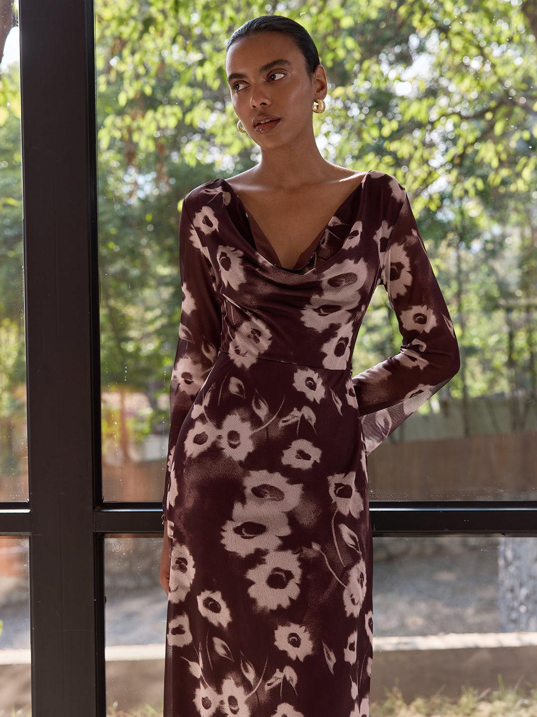 Valantomode | Elegant Floral Mesh Cowl Neck Maxi Dress for Every Occasion