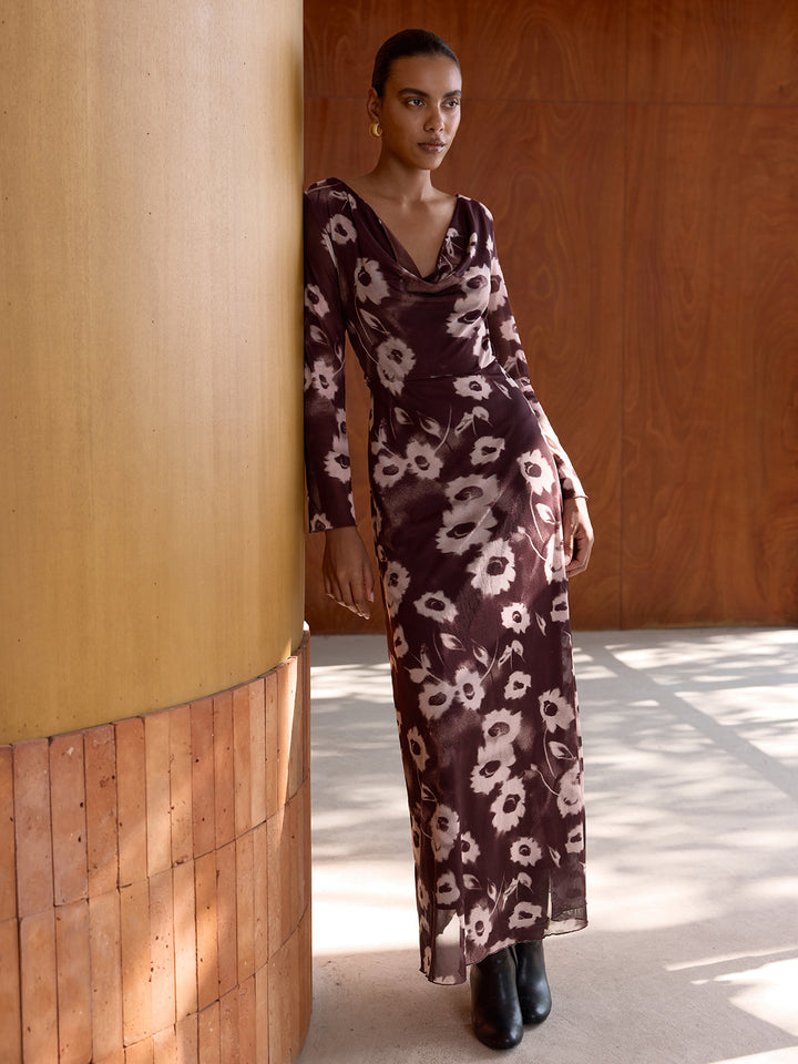Valantomode | Elegant Floral Mesh Cowl Neck Maxi Dress for Every Occasion