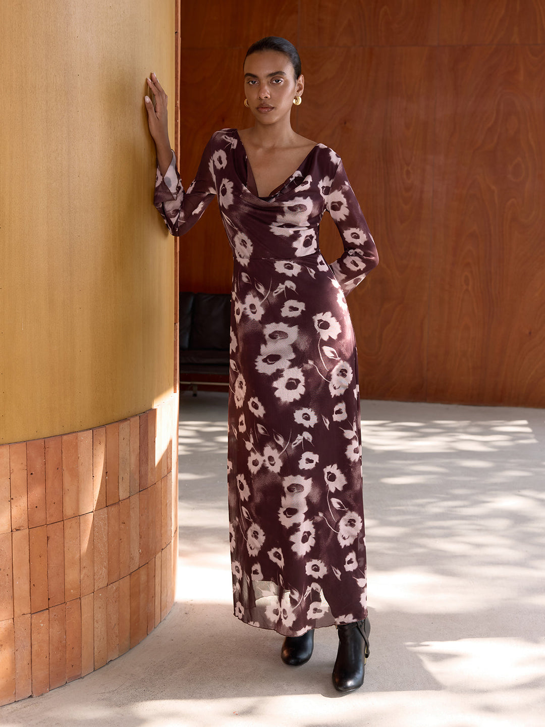 Valantomode | Elegant Floral Mesh Cowl Neck Maxi Dress for Every Occasion