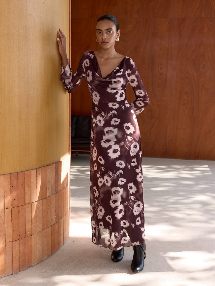 Valantomode | Elegant Floral Mesh Cowl Neck Maxi Dress for Every Occasion