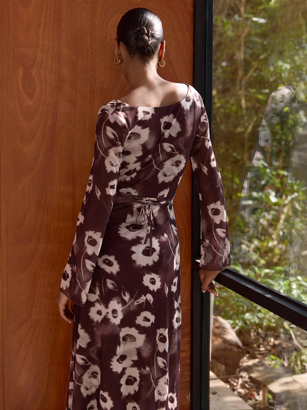 Valantomode | Elegant Floral Mesh Cowl Neck Maxi Dress for Every Occasion